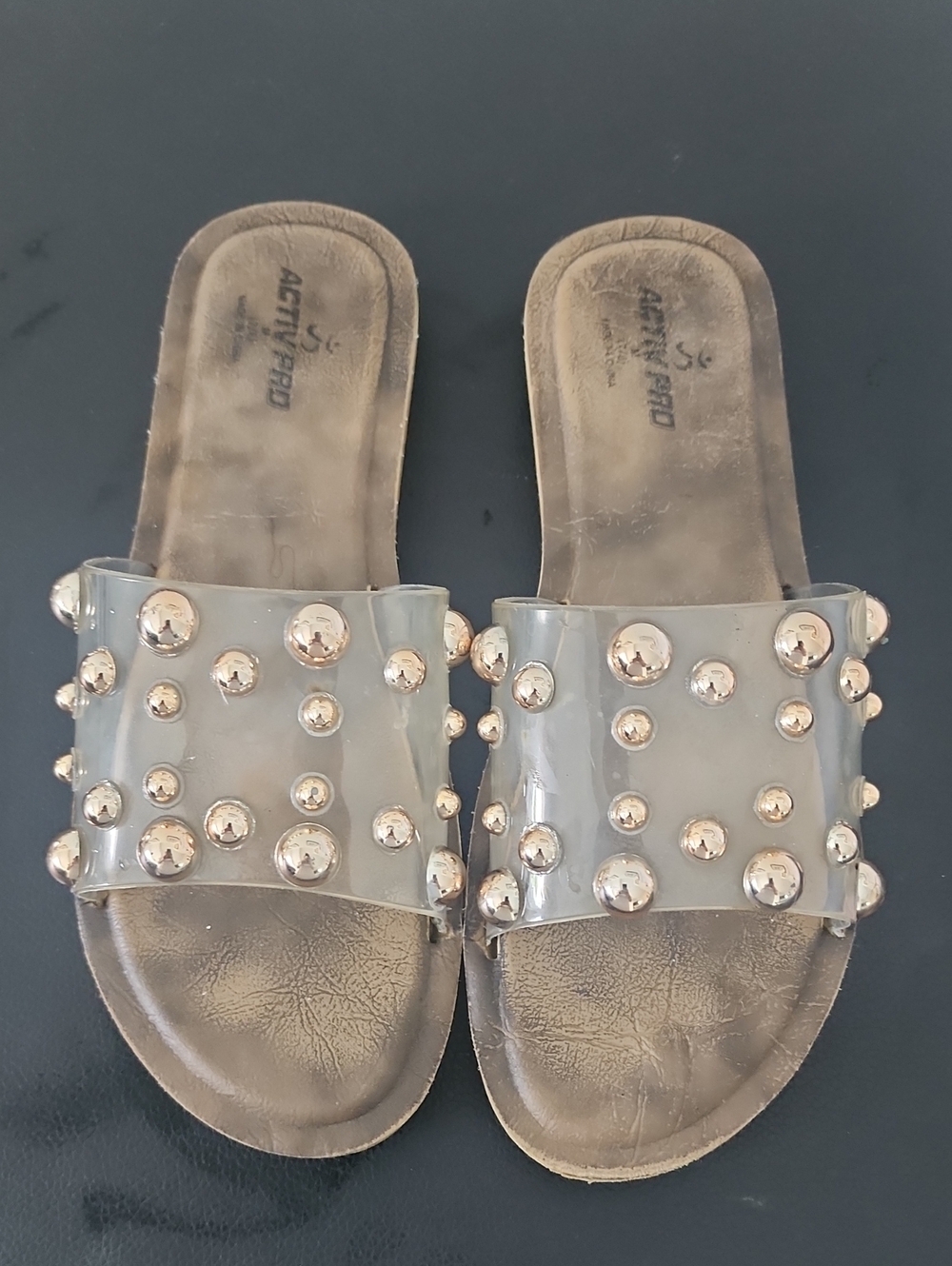 Clear Slide Sandals with Gold Studs - Women's